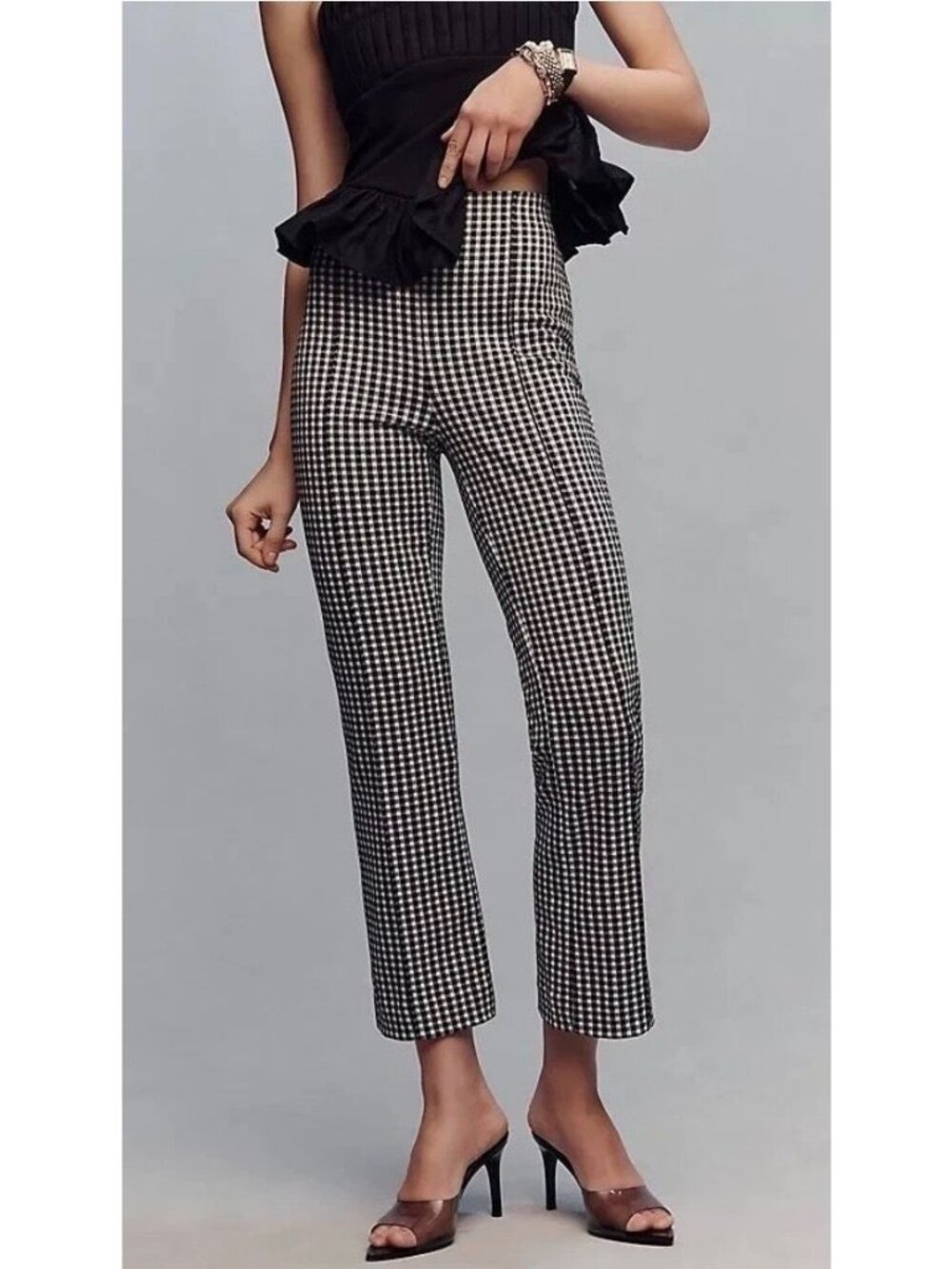 Maeve Anthropologie Black & White Gingham Stretch Pants Size L Made In Turkey